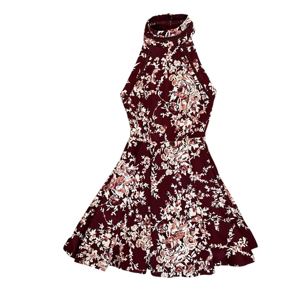 Women's XS (1/2) Burgundy Floral Fit & Flare Halter Knee Length Sleeveless Dress - Picture 3 of 7